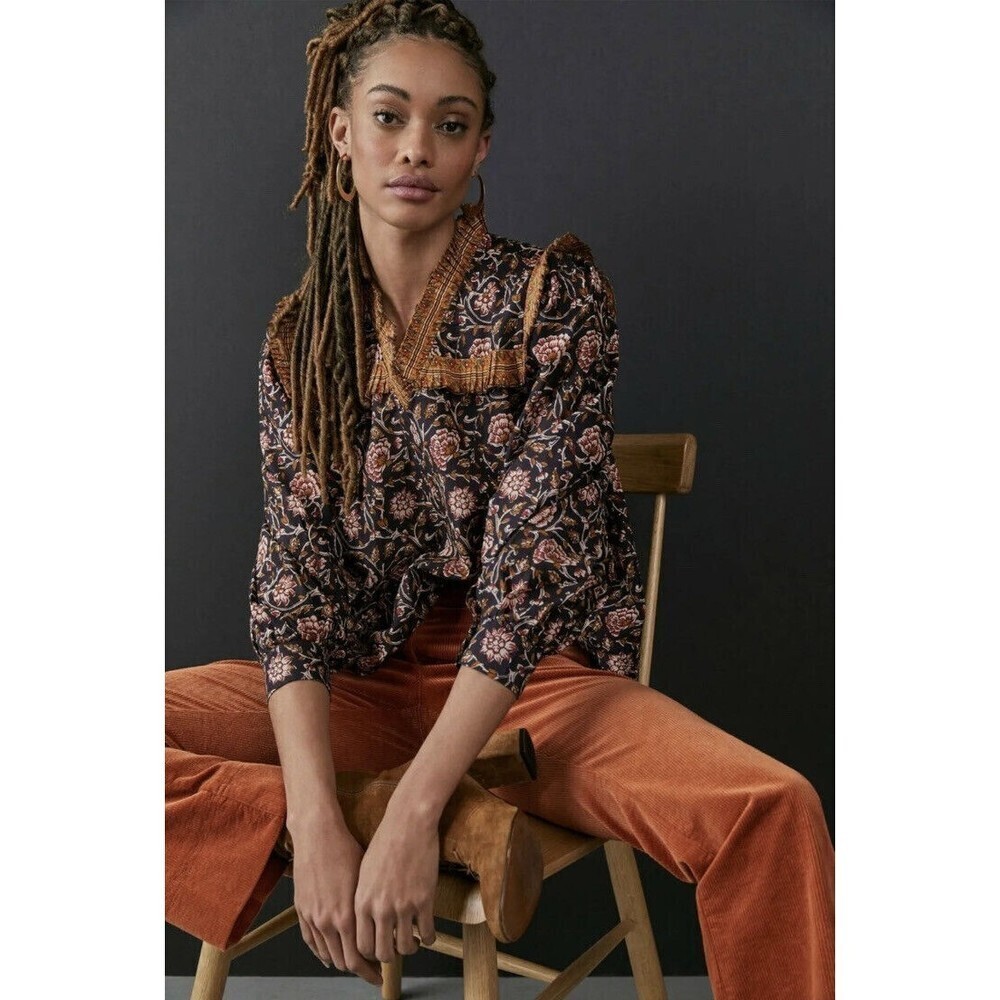 Anthropologie OTHILIA Women RUFFLED Print 3/4 SLEEVE PEASANT BLOUSE Size S Boho